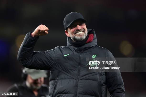 Juergen Klopp, Manager of Liverpool, celebrates after the team's victory in the Emirates FA Cup Third Round match between Arsenal and Liverpool at...