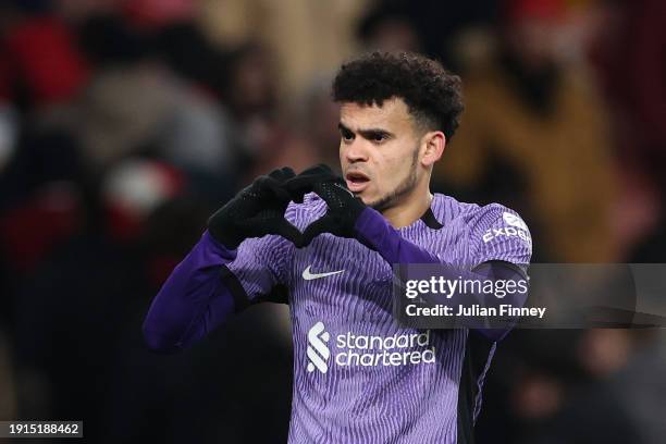 Luis Diaz of Liverpool celebrates scoring his team's second goal during the Emirates FA Cup Third Round match between Arsenal and Liverpool at...