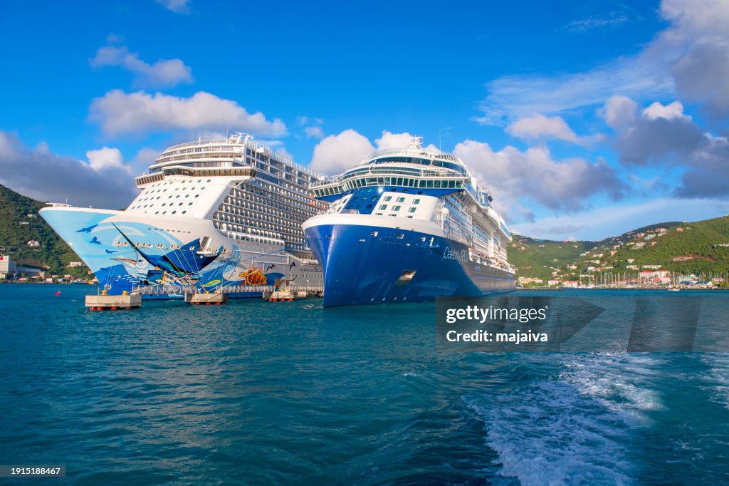 Cruise ship moored in port of Road Town, Tortola