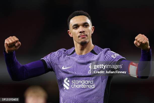 Trent Alexander-Arnold of Liverpool celebrates after the team's victory in the Emirates FA Cup Third Round match between Arsenal and Liverpool at...