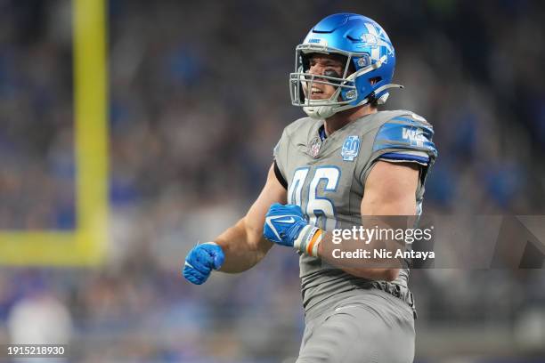 Jack Campbell of the Detroit Lions celebrates after a sack during the first quarter in the game against the Minnesota Vikings at Ford Field on...