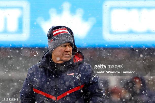 New England Patriots head coach Bill Belichick looks on in the first half at Gillette Stadium on January 07, 2024 in Foxborough, Massachusetts.