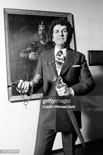 Opera singer Jess Thomas holding a sword for his role in the opera 'Lohengrin' in The Metropolitan Opera House Gallery, New York City, New York,...