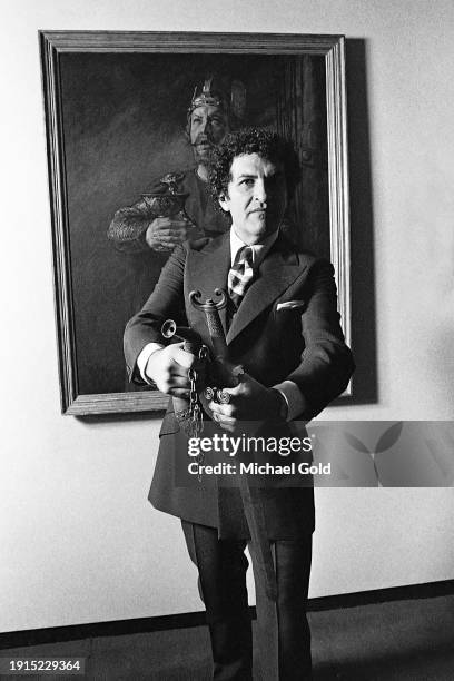 Opera singer Jess Thomas holding a sword for his role in the opera 'Lohengrin' in The Metropolitan Opera House Gallery, New York City, New York,...