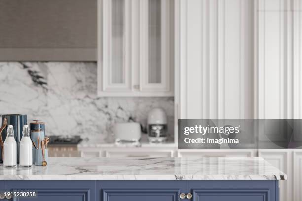 empty white marble kitchen countertop - kitchen bench stock pictures, royalty-free photos & images