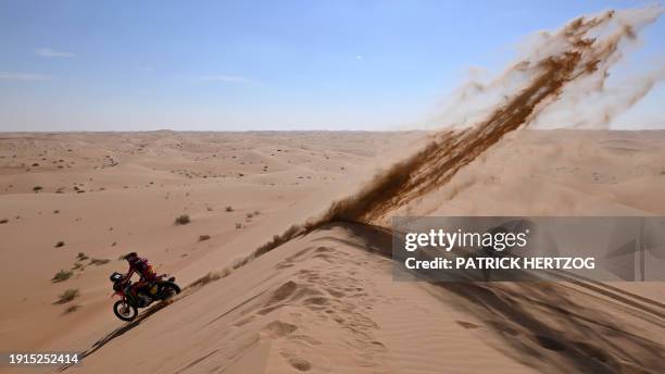 Monster Energy Honda Team's Chilean biker Pablo Quintanilla competes in stage 5 of the 2024 Dakar rally between Al Hofuf and Shubaytah, on January...