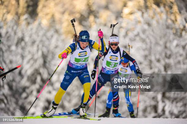 Linn Persson of Sweden in action competes during the Women 4x6km Relay at the BMW IBU World Cup Biathlon Ruhpolding on January 10, 2024 in...