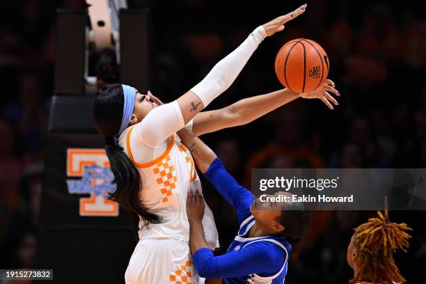 Tamari Key of the Tennessee Lady Vols blocks a layup attempt by Brooklynn Miles of the Kentucky Wildcats in the third quarter at Thompson-Boling...