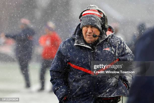 New England Patriots head coach Bill Belichick looks on in the first half at Gillette Stadium on January 07, 2024 in Foxborough, Massachusetts.