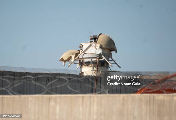 View of an Israeli surveillance tower that was bombed by Hamas on October 7th near the Erez border crossing on January 07, 2024 in Northern Gaza. As...