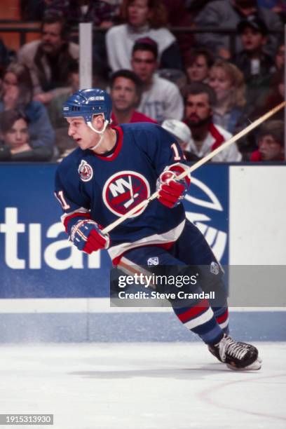 New York Islander's defenseman, Darius Kasparaitis, cuts hard to follow the play out of the Islander's zone during the game against the NJ Devils at...