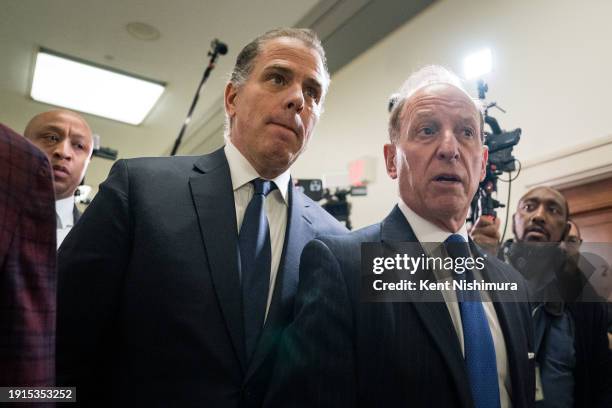 Hunter Biden , son of U.S. President Joe Biden, with lawyer Abbe Lowell departs a House Oversight Committee meeting on January 10, 2024 in...