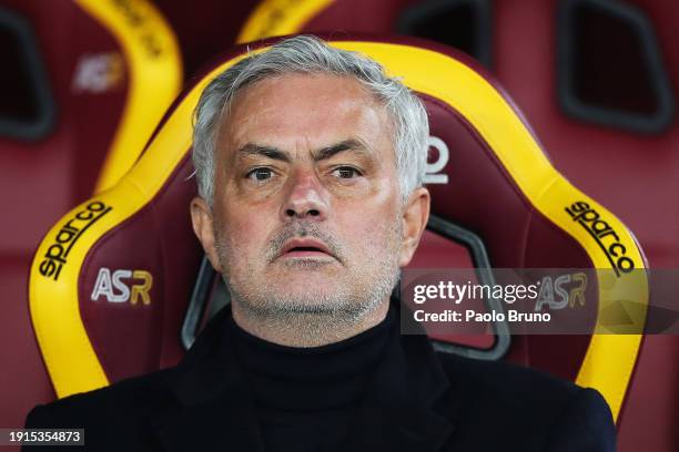 Jose Mourinho, Head Coach of AS Roma, looks on prior to the Serie A TIM match between AS Roma and Atalanta BC at Stadio Olimpico on January 07, 2024...