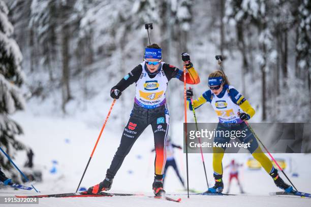 Franziska Preuss of Germany in action competes during the Women 4x6km Relay at the BMW IBU World Cup Biathlon Ruhpolding on January 10, 2024 in...