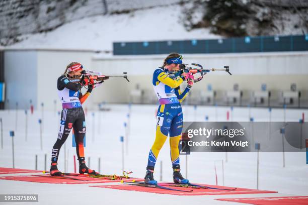 Elvira Oeberg of Sweden at the shooting range during the Women 4x6km Relay at the BMW IBU World Cup Biathlon Ruhpolding on January 10, 2024 in...