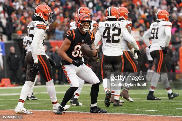 Andrei Iosivas of the Cincinnati Bengals celebrates after a touchdown during the third quarter in the game against the Cleveland Browns at Paycor...