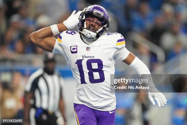 Justin Jefferson of the Minnesota Vikings celebrates after a touchdown during the third quarter in the game against the Detroit Lions at Ford Field...