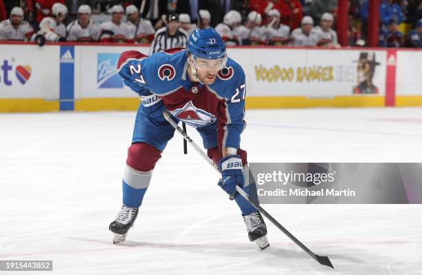 Jonathan Drouin of the Colorado Avalanche awaits a face off against the Florida Panthers at Ball Arena on January 6, 2024 in Denver, Colorado.