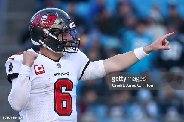 Baker Mayfield of the Tampa Bay Buccaneers reacts during the fourth quarter against the Carolina Panthers at Bank of America Stadium on January 07,...
