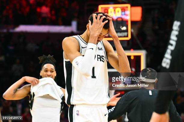 Victor Wembanyama of the San Antonio Spurs reacts after the San Antonio Spurs lost to the Cleveland Cavaliers at Rocket Mortgage Fieldhouse on...