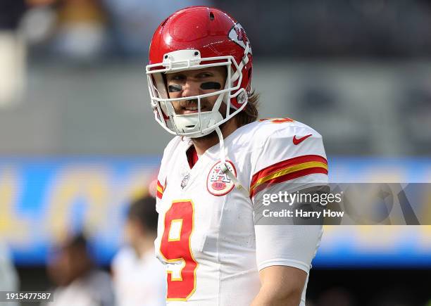 Blaine Gabbert of the Kansas City Chiefs warms up before a game against the Los Angeles Chargers at SoFi Stadium on January 07, 2024 in Inglewood,...