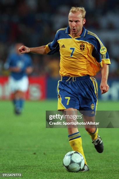 June 19: Hakan Mild of Sweden on the ball during the UEFA Euro 2000 Group B match between Italy and Sweden at Psv Stadium on June 19, 2000 in...