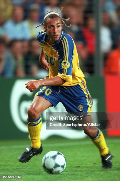 June 19: Henrik Larsson of Sweden on the ball during the UEFA Euro 2000 Group B match between Italy and Sweden at Psv Stadium on June 19, 2000 in...