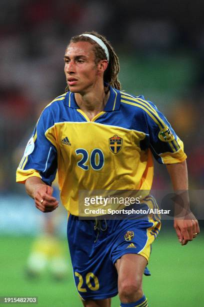 June 19: Henrik Larsson of Sweden running during the UEFA Euro 2000 Group B match between Italy and Sweden at Psv Stadium on June 19, 2000 in...