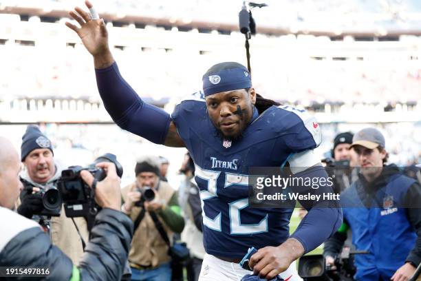 Derrick Henry of the Tennessee Titans runs off the field after the game against the Jacksonville Jaguars at Nissan Stadium on January 07, 2024 in...