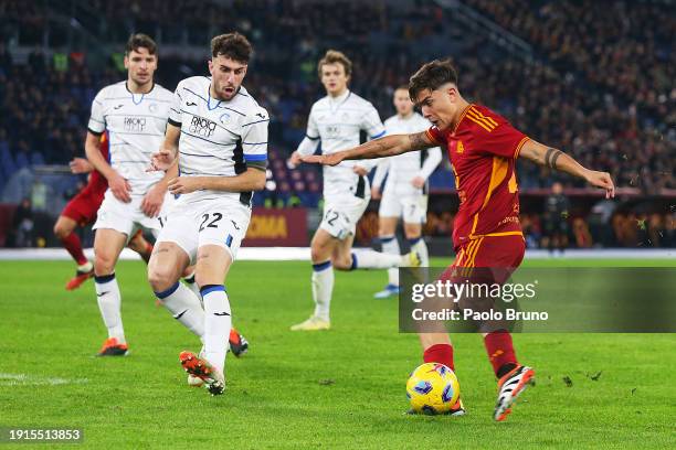 Paulo Dybala of AS Roma shoots and misses during the Serie A TIM match between AS Roma and Atalanta BC at Stadio Olimpico on January 07, 2024 in...
