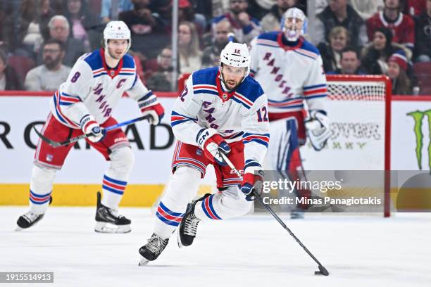 Nick Bonino of the New York Rangers skates the puck during the first period against the Montreal Canadiens at the Bell Centre on January 6, 2024 in...