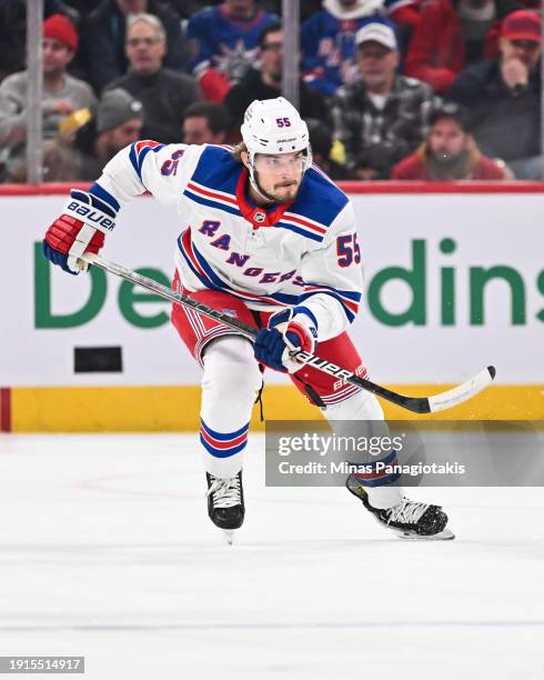 Ryan Lindgren of the New York Rangers skates during the first period against the Montreal Canadiens at the Bell Centre on January 6, 2024 in...