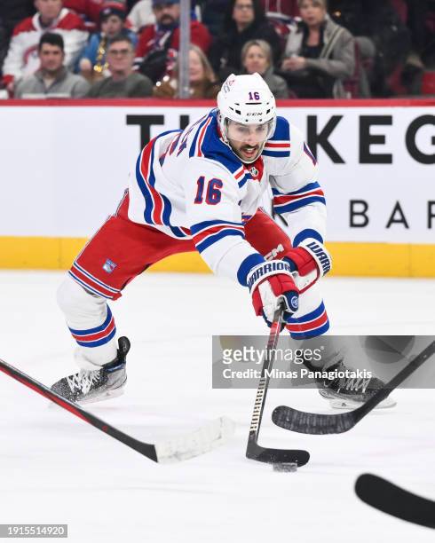 Vincent Trocheck of the New York Rangers skates after the puck during the first period against the Montreal Canadiens at the Bell Centre on January...