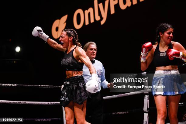 Jennifer “Tormenta” Miranda celebrates the victory against Lara Altamirano during the WBA Interim Featherweight World Cup fight between Jennifer...