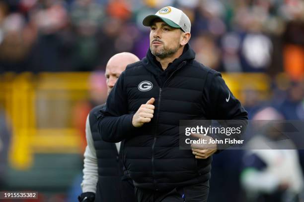 Head coach Matt LaFleur of the Green Bay Packers takes the field prior to the against the Chicago Bears at Lambeau Field on January 07, 2024 in Green...