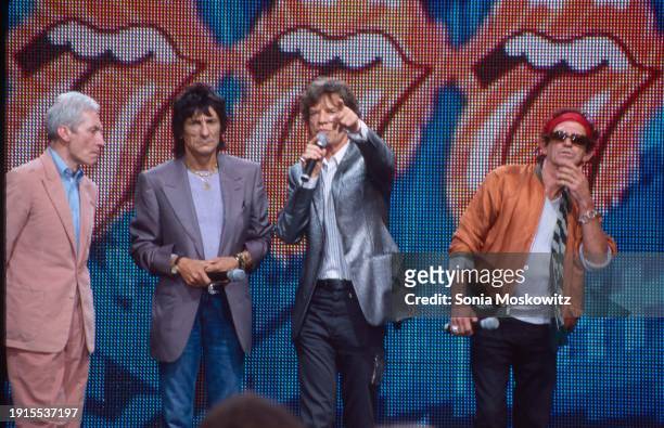 View of, from left, British Rock musicians Charlie Watts , Ron Wood, Mick Jagger, and Keith Richards, all of the band the Rolling Stones, announce...