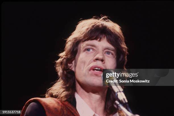 View of British Rock singer Mick Jagger Mick Jagger as he speaks during the Rock and Roll Hall of Fame Awards ceremony at the Waldorf Astoria Hotel,...