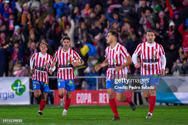 Adria de Mesa of UD Barbastro celebrates after scoring his team's first goal during the Copa del Rey round of 32 match between UD Barbastro and FC...