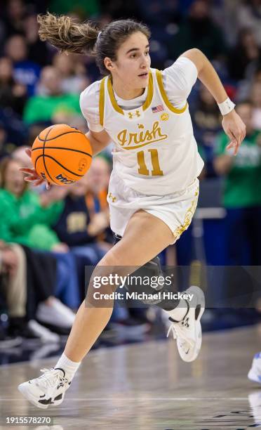 Sonia Citron of the Notre Dame Fighting Irish brings the ball up court during the game against the North Carolina Tar Heels at Joyce Center on...