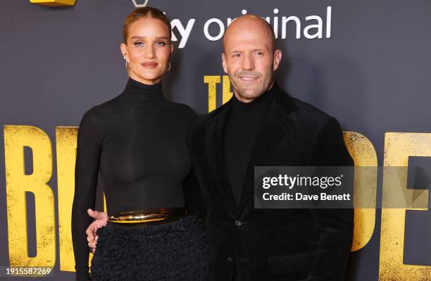 Rosie Huntington-Whiteley and Jason Statham attend the UK Premiere of "The Beekeeper" at Vue Leicester Square on January 10, 2024 in London, England.