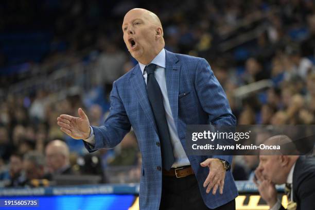 Head coach Mick Cronin of the UCLA Bruins yells from the bench against the California Golden Bears at UCLA Pauley Pavilion on January 6, 2024 in Los...