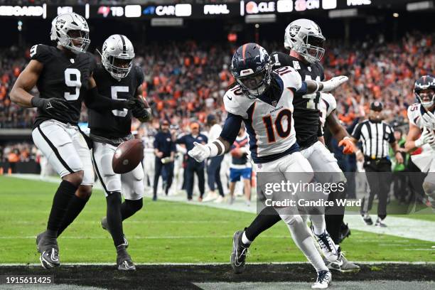 Jerry Jeudy of the Denver Broncos celebrates after a touchdown during the second quarter in the game against the Las Vegas Raiders at Allegiant...