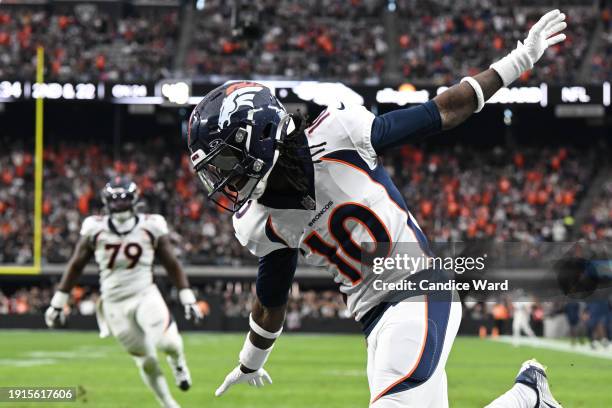 Jerry Jeudy of the Denver Broncos celebrates after a touchdown during the second quarter in the game against the Las Vegas Raiders at Allegiant...