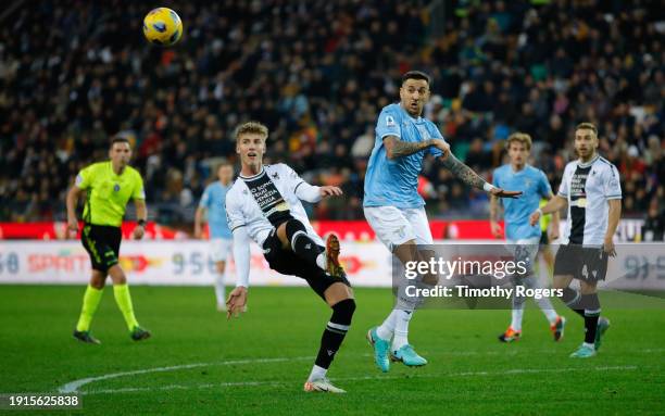 Thomas Kristensen of Udinese intercepts a cross into the penalty area for Matias Vecino of Lazio during the Serie A TIM match between Udinese Calcio...