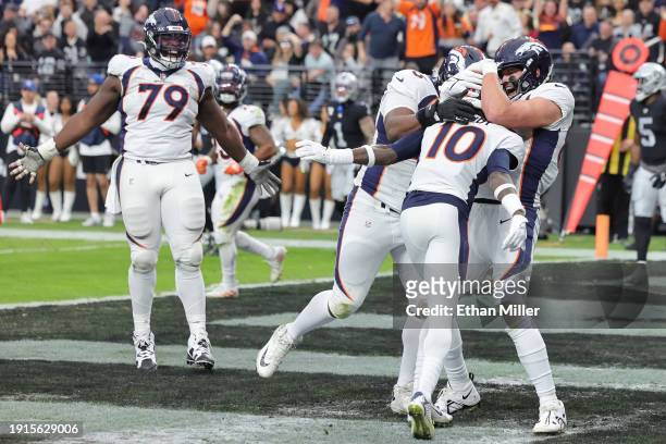 Jerry Jeudy of the Denver Broncos celebrates after a touchdown during the second quarter in the game against the Las Vegas Raiders at Allegiant...