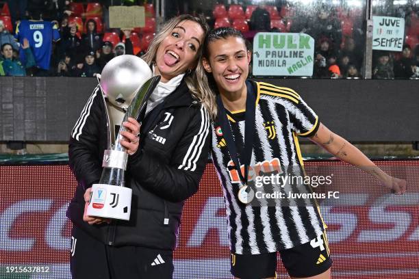 Martina Rosucci and Federica Cafferata of Juventus during the Italian Women Super Cup match between AS Roma and Juventus at Stadio Giovanni Zini on...