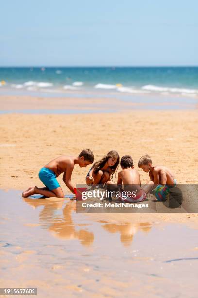 children playing in the sand at the beach - sand castle stock pictures, royalty-free photos & images