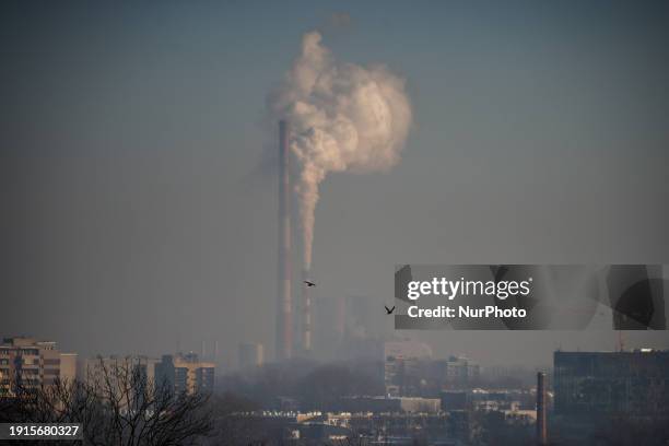 View over the city of Krakow and the chimneys of Krakow-Leg power plant during smog standards many times exceeded in Krakow, Poland on January 10,...