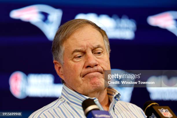 New England Patriots head coach Bill Belichick speaks during a press conference after a game against the New York Jets at Gillette Stadium on January...