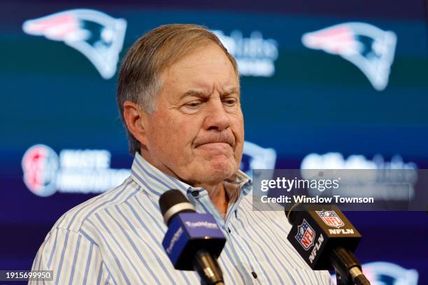 New England Patriots head coach Bill Belichick speaks during a press conference after a game against the New York Jets at Gillette Stadium on January...